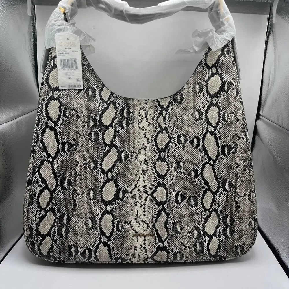 Michael Kors Nolita Shoulder Bag Snakeskin Embossed Leather X-Large Black Beige
